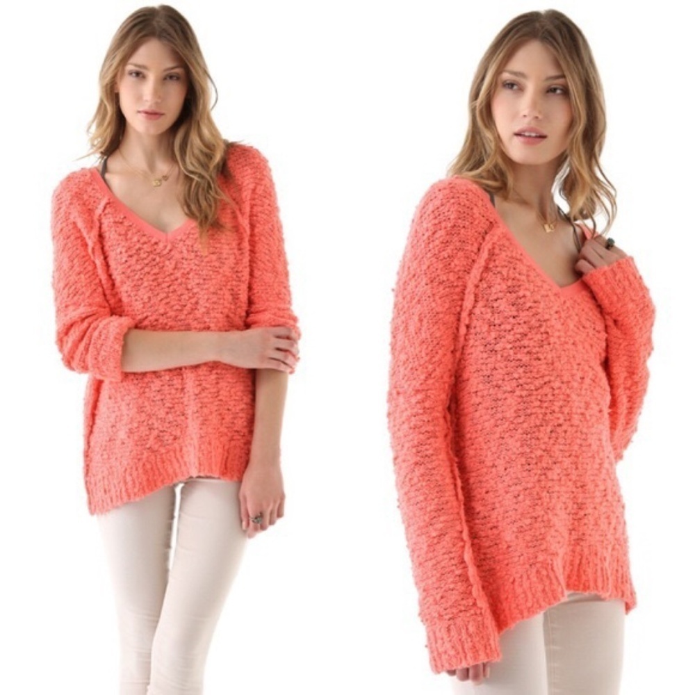 Free People Peach Songbird Pullover V-Neck Sweater
